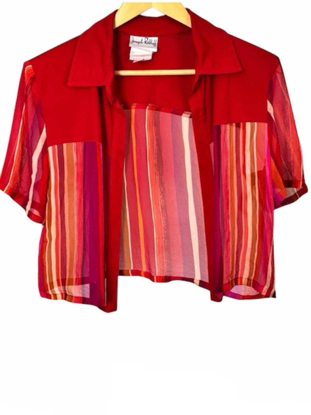 Joseph Ribkoff 100% Silk Cropped Sheer Jacket Red Striped Art to Wear Size 12
